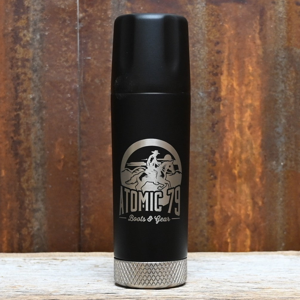 High Camp Torch Flask Onyx Edition 9oz with Atomic 79 logo and magnetic tumblers.