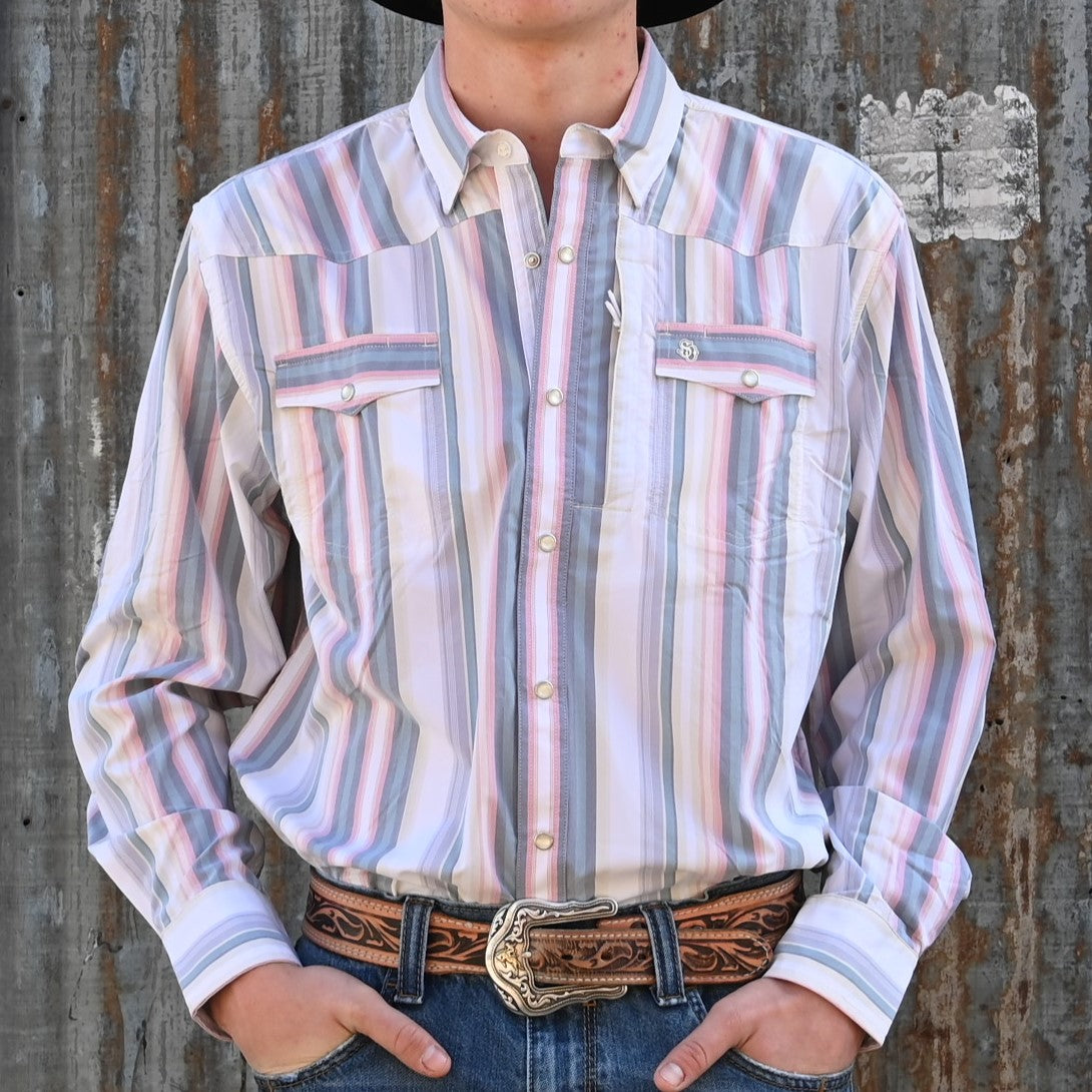 View of Rodeo Blanket pink and light grey striped Western snap shirt with mesh back vent and chest pockets