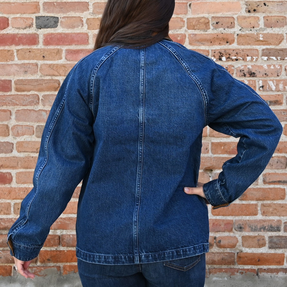 View of Schaefer ladies medium indigo denim chore coat with corduroy trim and pockets