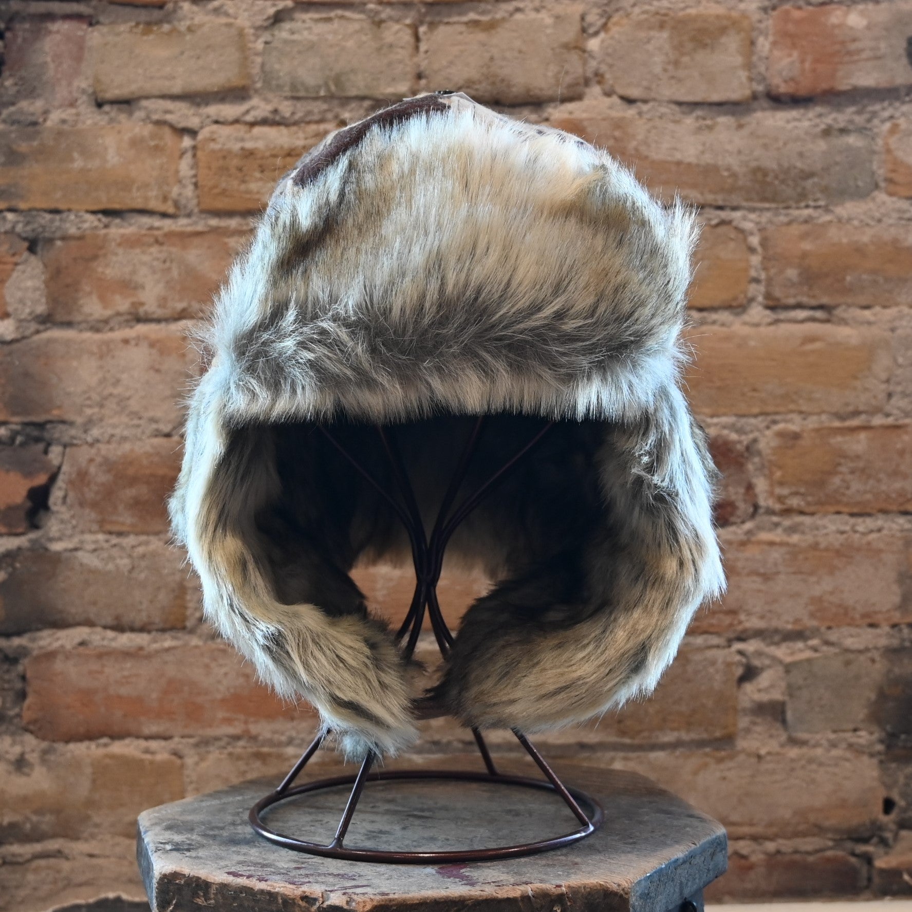 View of Pendleton Prairie Rush Hour trapper hat with wool shell and faux-fur ear flaps