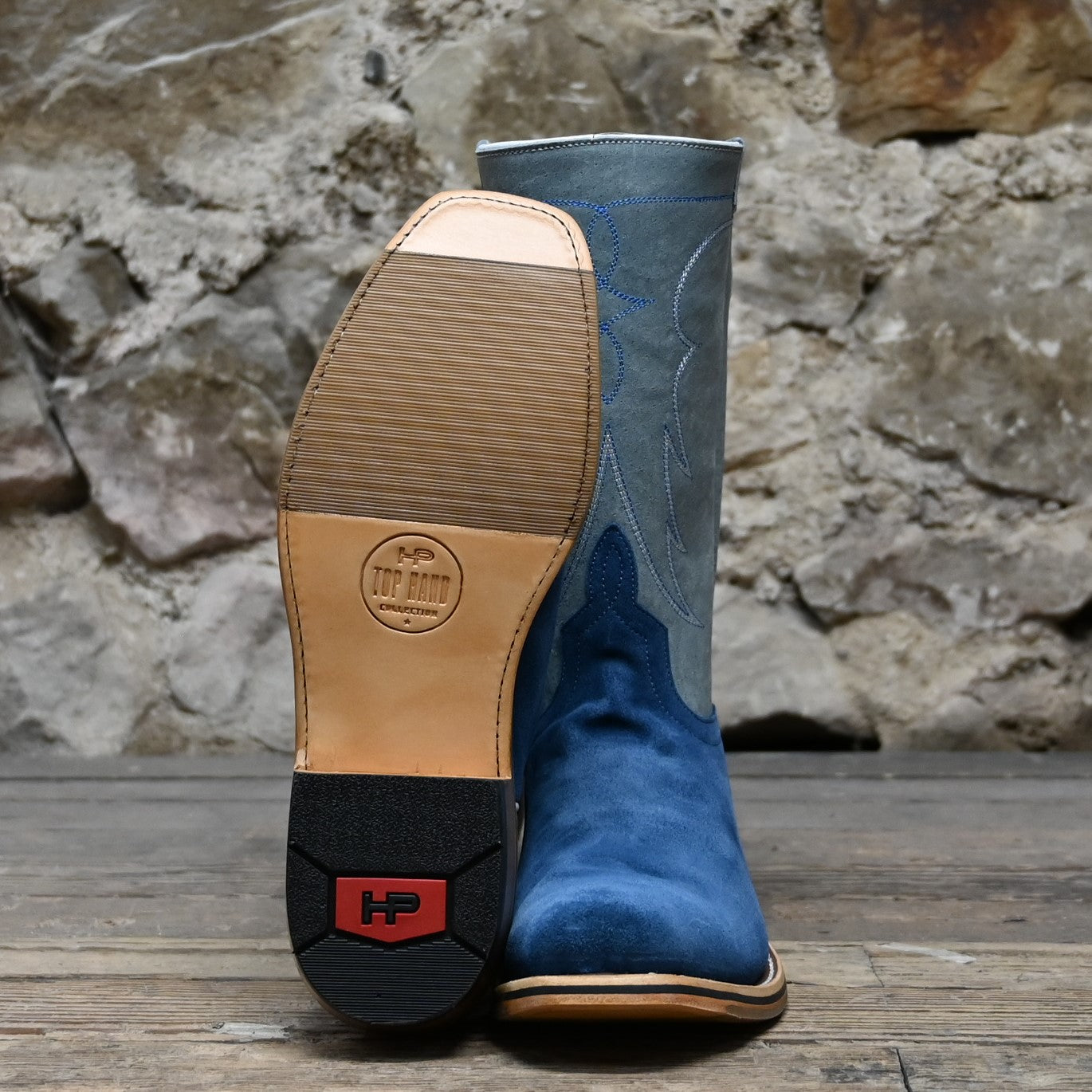 View of Horse Power 11" High Noon boot with turquoise suede vamp, grey top, cutter toe, and pull holes
