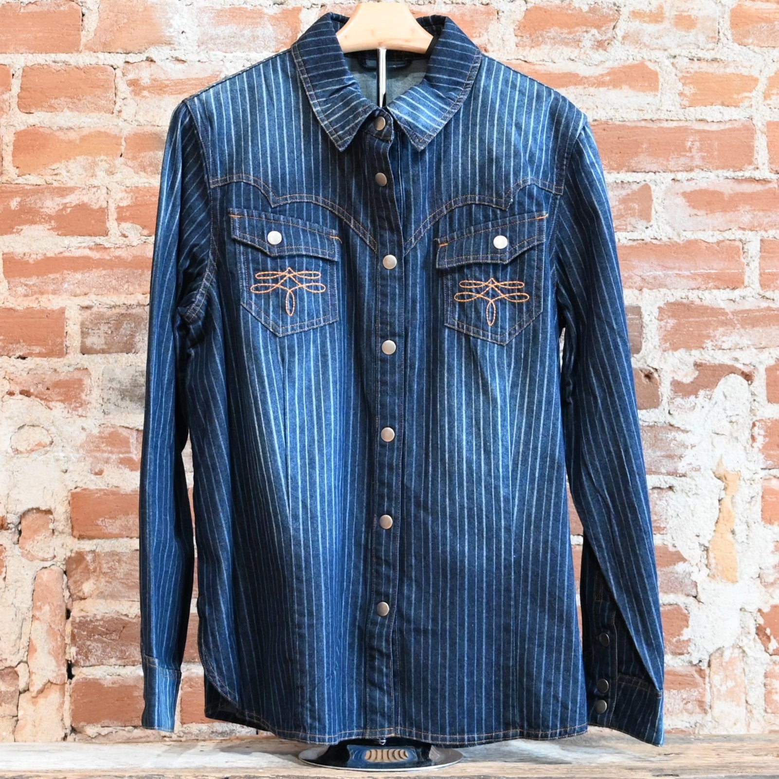 View of Double D Ranch Gunslinger Workshirt – Pinstriped denim shirt with custom concho buttons and detailed embroidery for a Western-inspired design