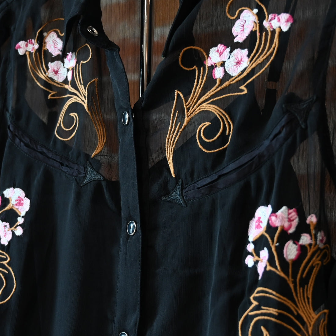 Mini Piper Western Dress with floral embroidery, sheer polyester overlay, and pearl snap closure