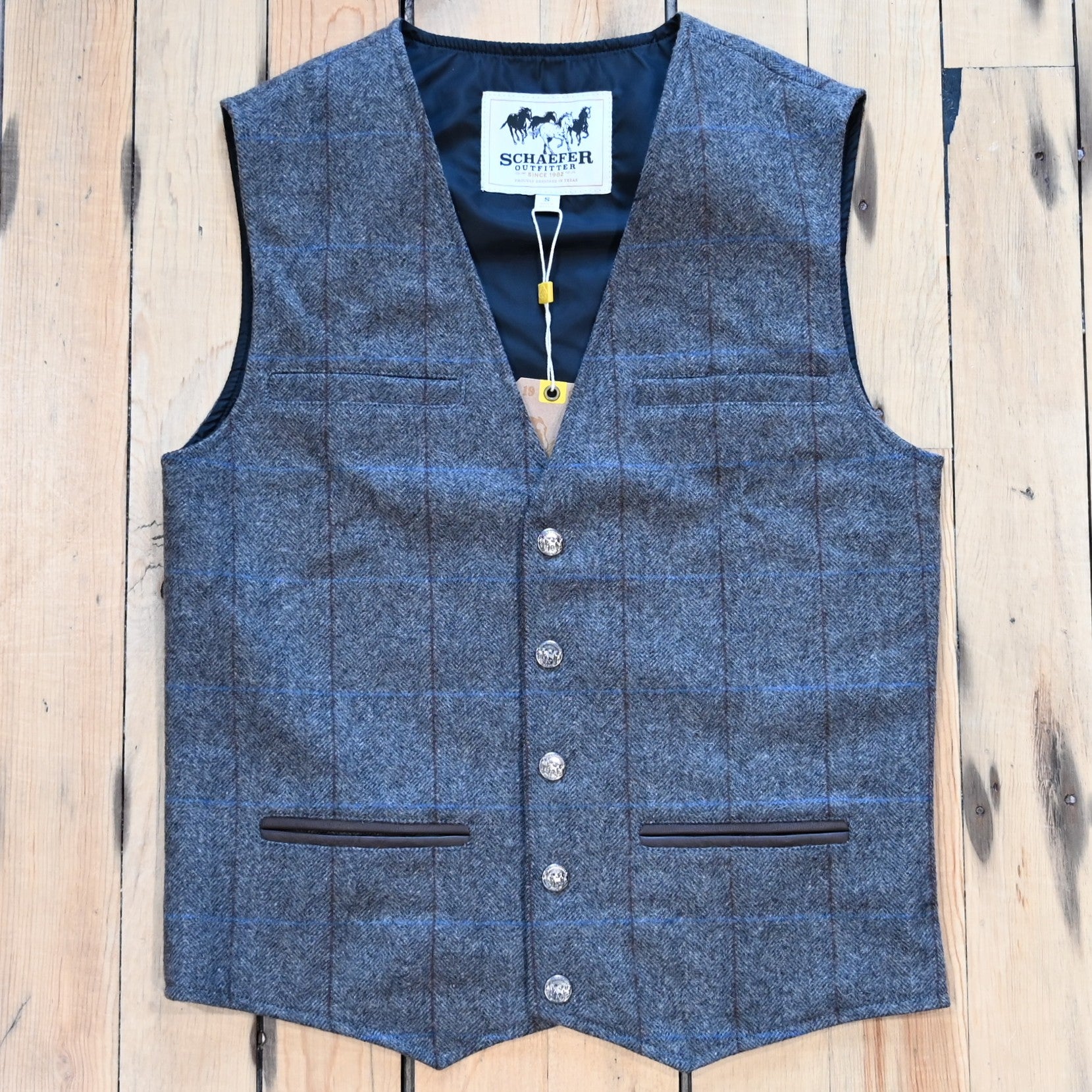 Schaefer McAllin wool vest in heather gray windowpane pattern with snap front