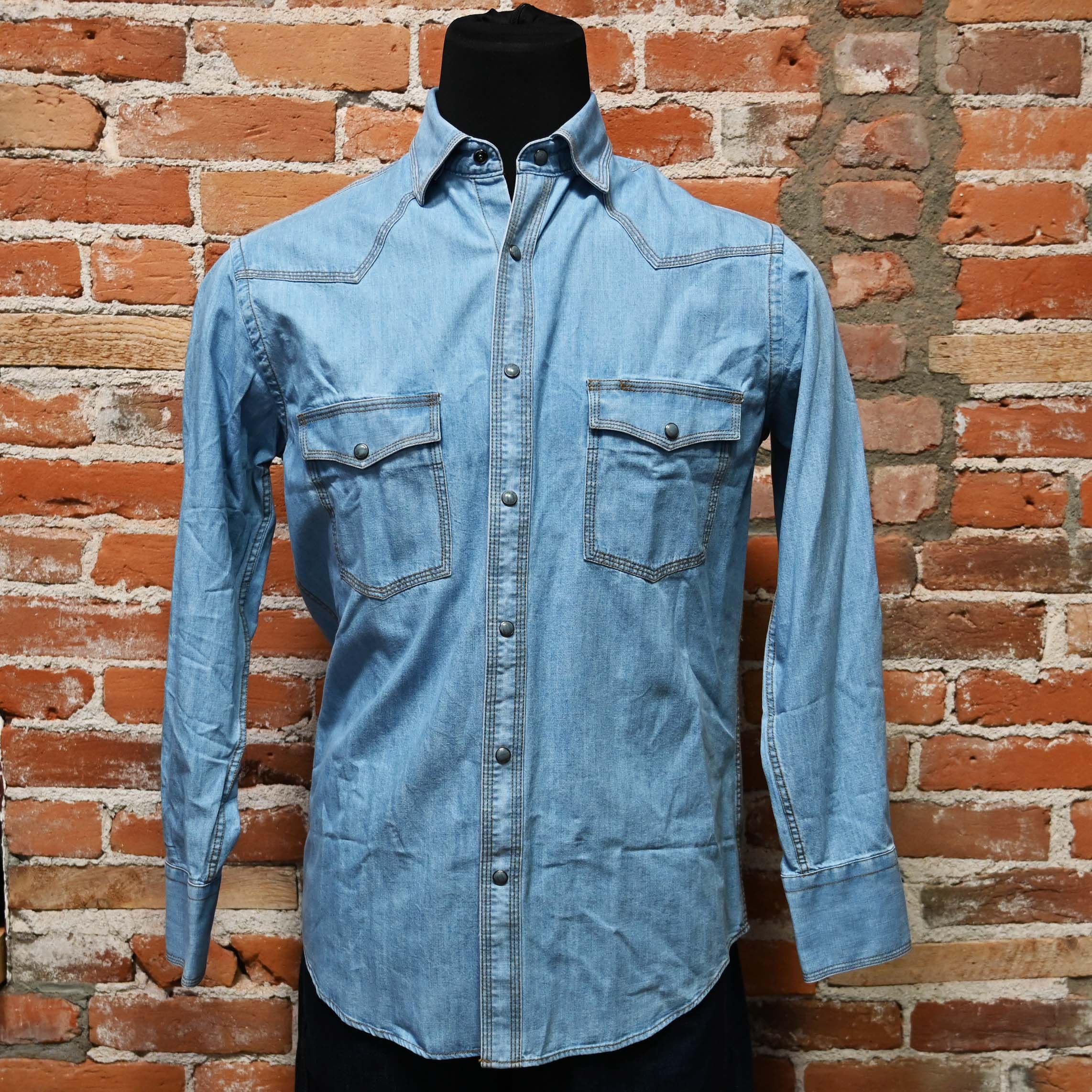 View of Indigo or blue Schaefer Classic Abilene western snap shirt with pumpkin stitching and pearl snaps