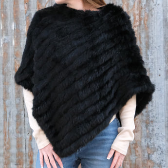 Morris Kaye black knit rabbit fur poncho