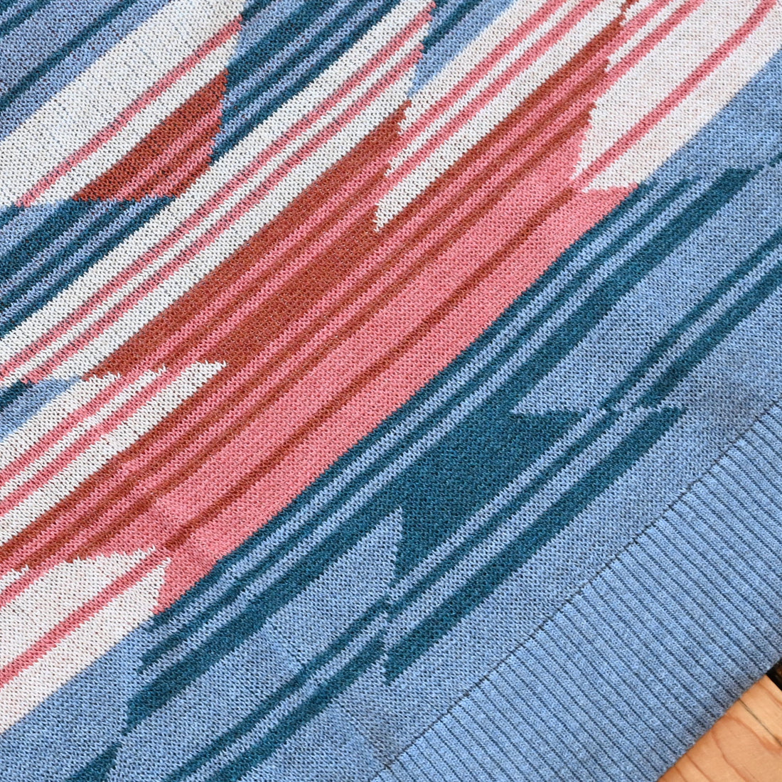 View of Pendleton raglan cotton sweater with Southwestern ombré chest graphic and ribbed crew neck