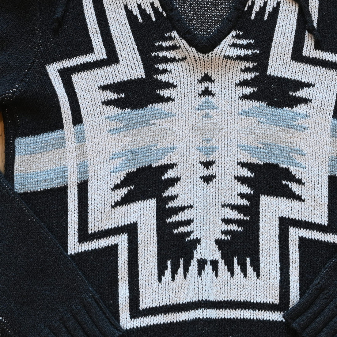 View of Pendleton ladies Harding cotton hoodie in Black Heather Multi with bold front pattern