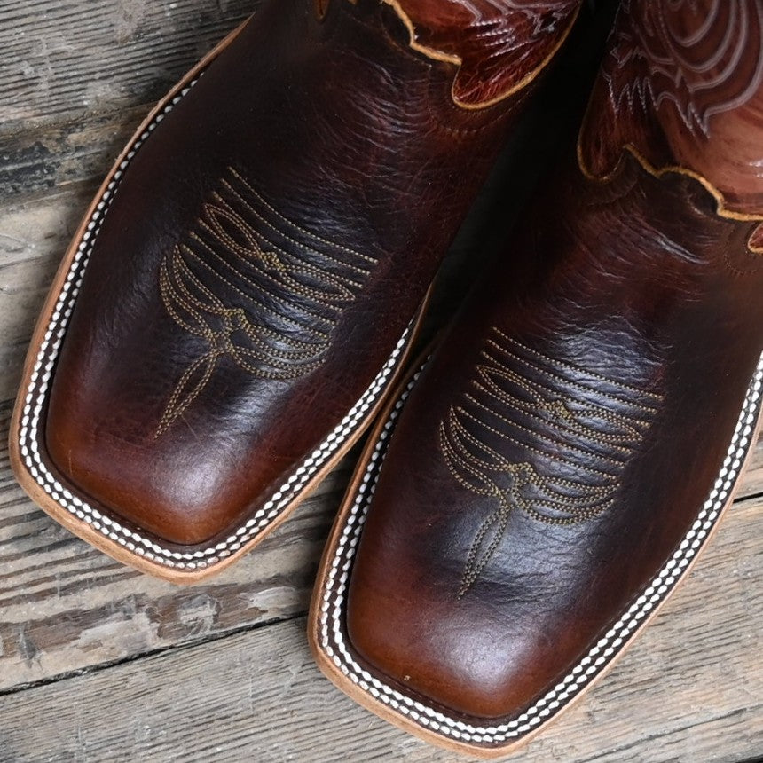 View of Anderson Bean 13" boot with Mike Tyson buffalo vamp, rust lava top, square toe, and pull straps