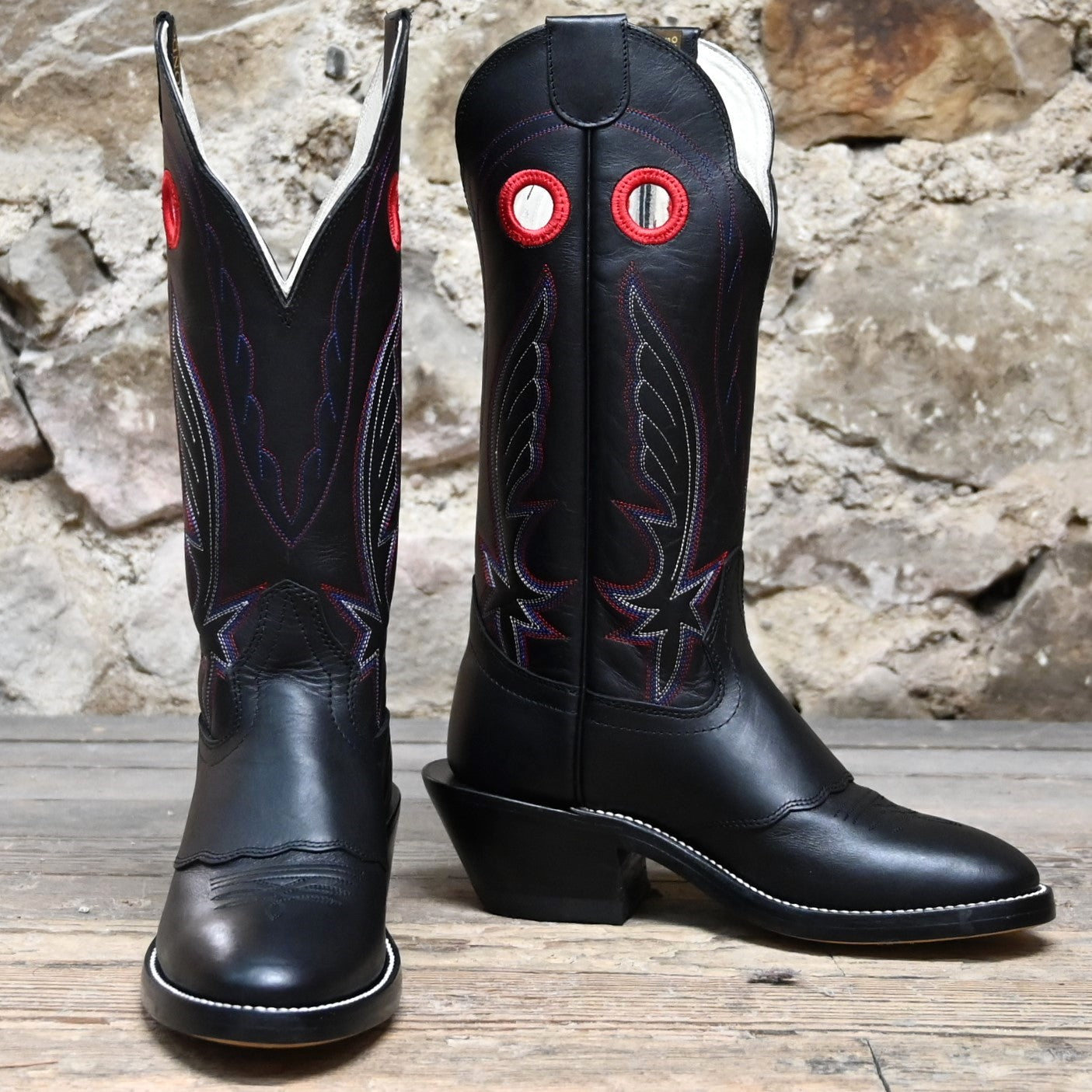 View of Hondo 14" black cowboy boot in retan leather with pull holes and spur ledge