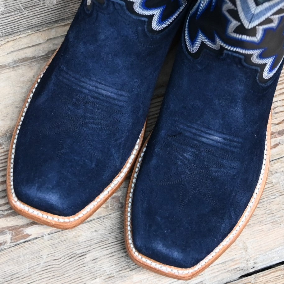 View of Hyer CULVER 13" boots showcasing Dark Navy roughout leather vamp and Black Top-Shelf cowhide top with Cutter toe and underslung heel