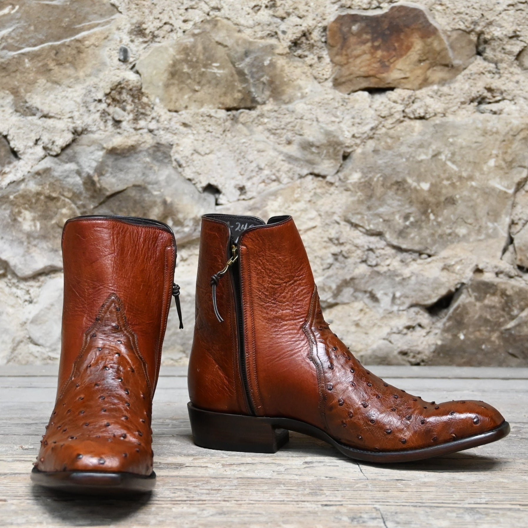 View of Stallion Men’s Zorro zip boot with antique saddle ostrich vamp and medium square French toe