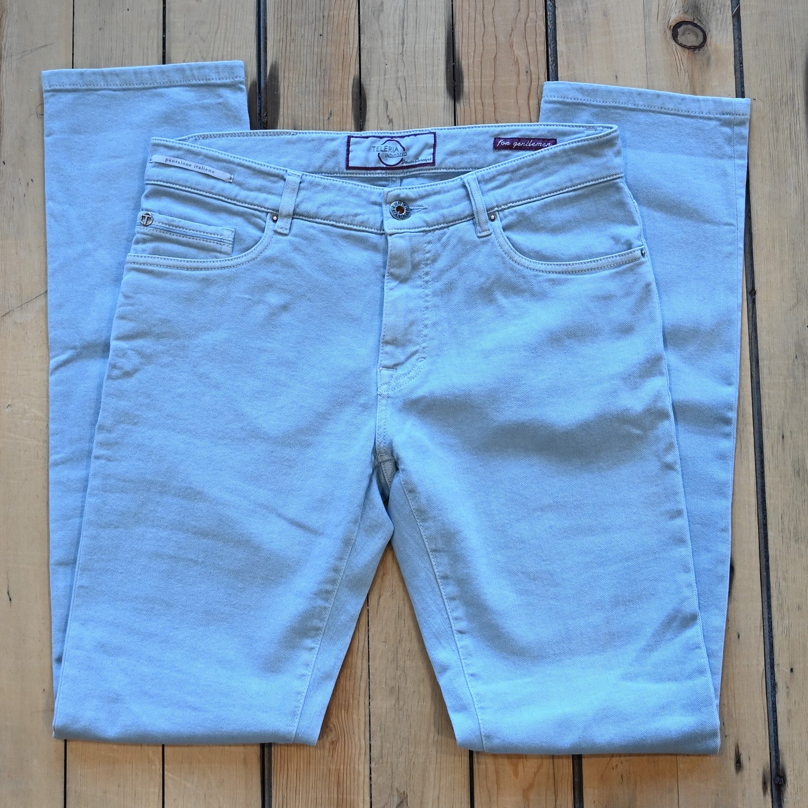 Teleria Zed 5 Pocket Jeans in Ice Blue soft Italian denim with classic five-pocket design and tailored fit