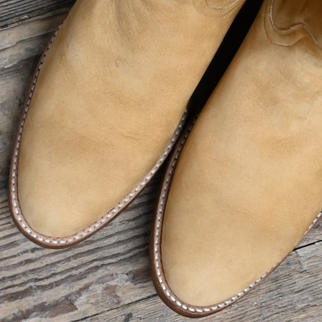 View of Stallion Ladies 16" boots in Tan Nunuck leather with B toe and stacked heel