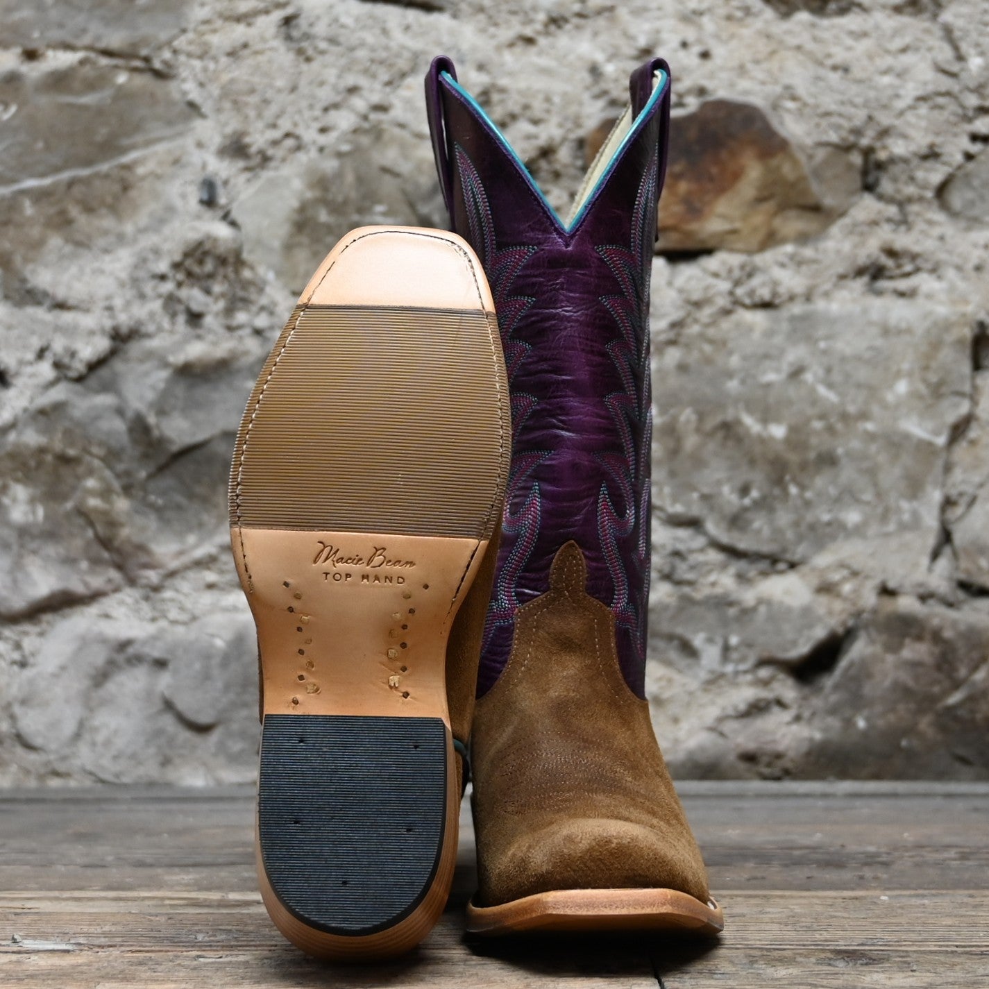 View of Macie Bean 13″ boot with Snuffy Waxy Commander vamp and Purple Nashville top with cutter toe