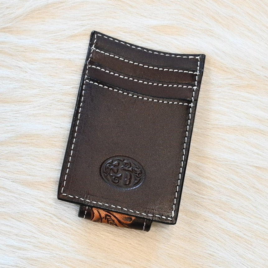 View of Back of Hand Tooled Floral Money Clip Wallet with Colorful Design.