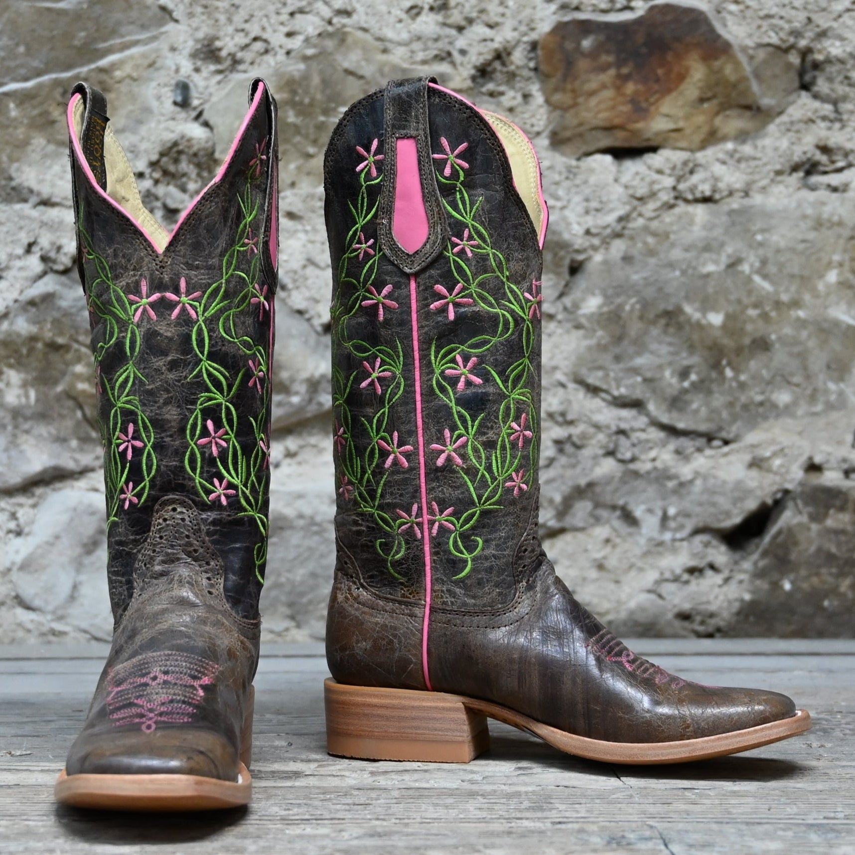 View of Hondo 13" cowboy boot in brown crater leather with wide square toe and classic Western stitching