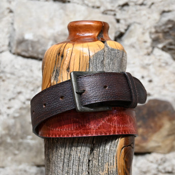 Hondo Brown Oil-Tan leather belt with Red Volcano inlay designed to match Hondo Boot 1824