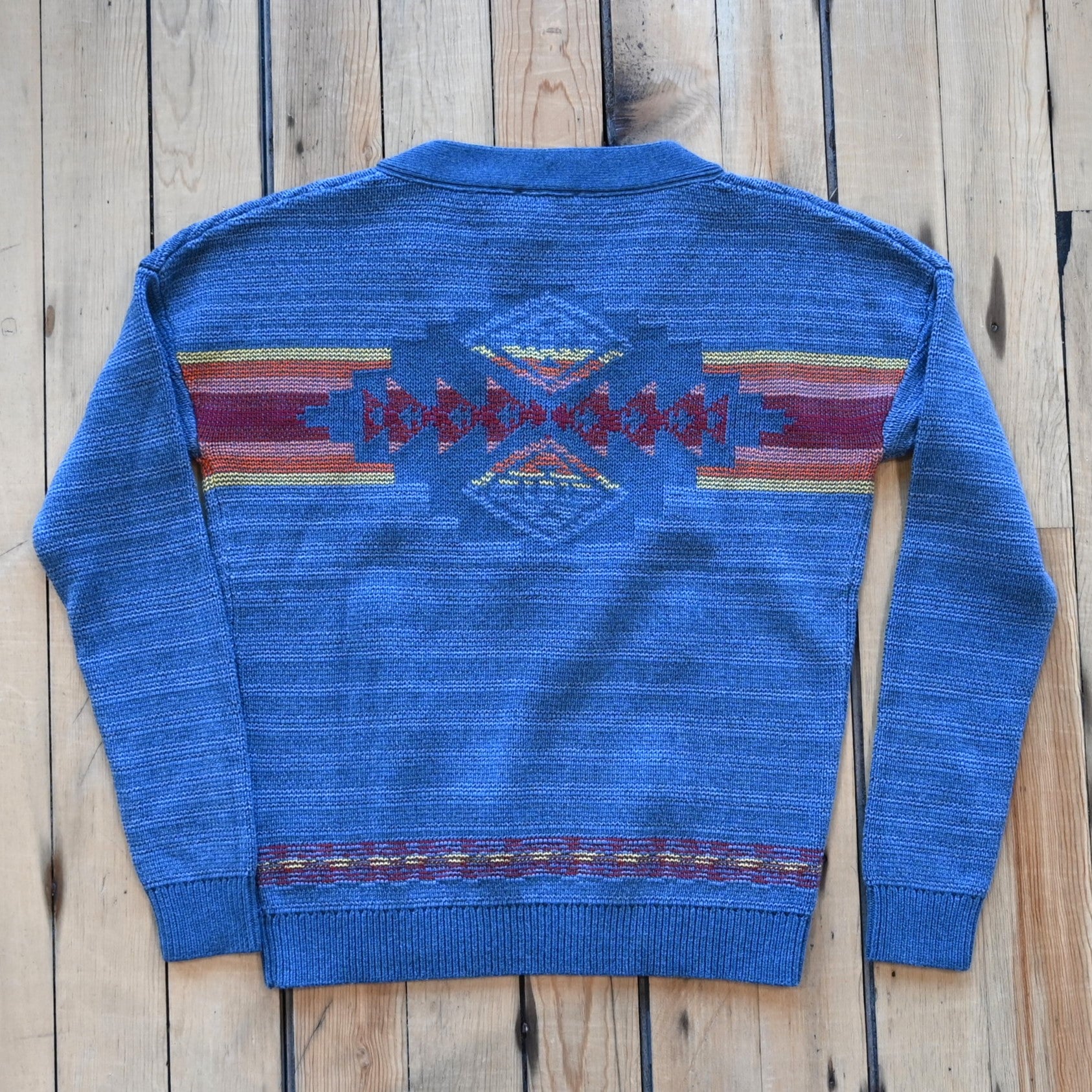 View of Pendleton ladies V-neck cotton sweater in blue multi stripe