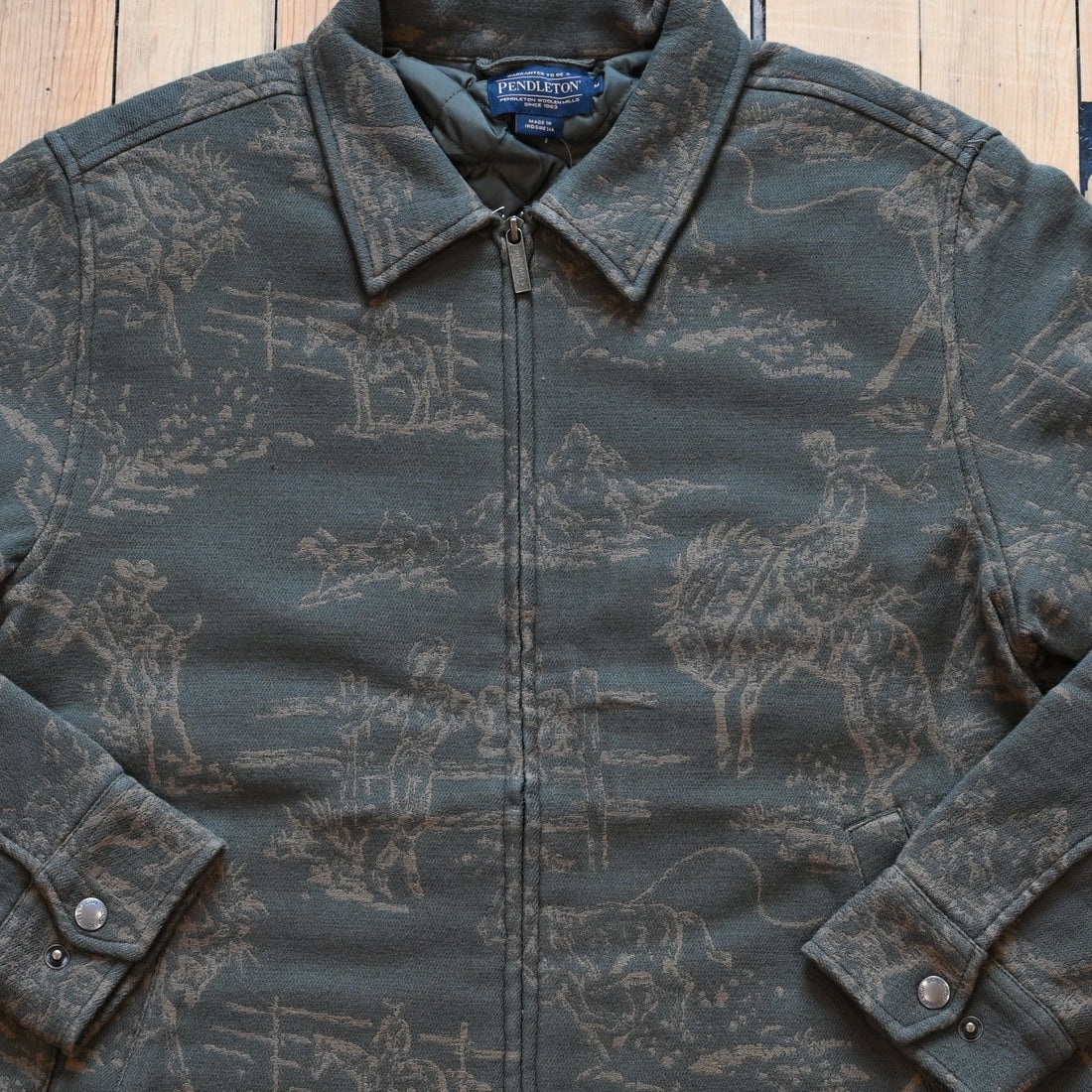 Pendleton Quilted Chamois Work Jacket in Wild Landscape Olive with tan cowboy and horse landscape pattern