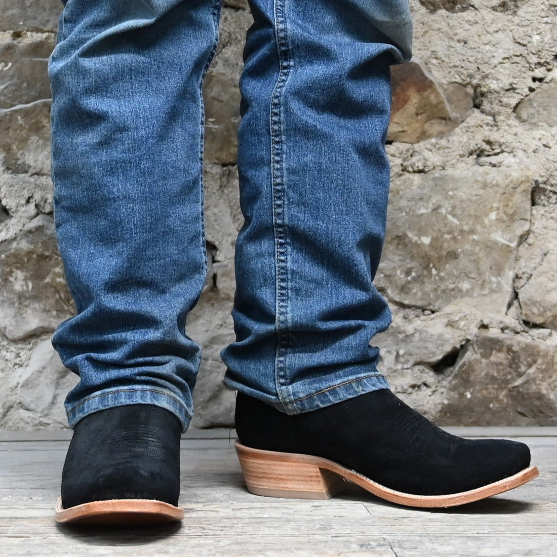 View of Hyer CULVER 13" boots showcasing black napped roughout leather vamp and grass vintage goat upper with Cutter toe and underslung heel