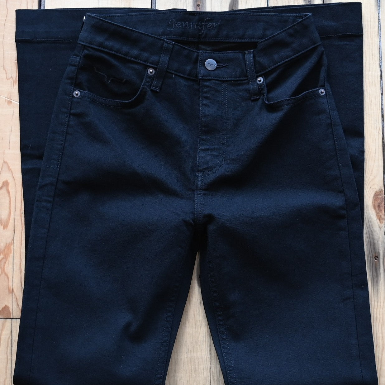 View of Kimes Ranch Jennifer Jeans in Black, showcasing ultra high rise and super wide flare leg