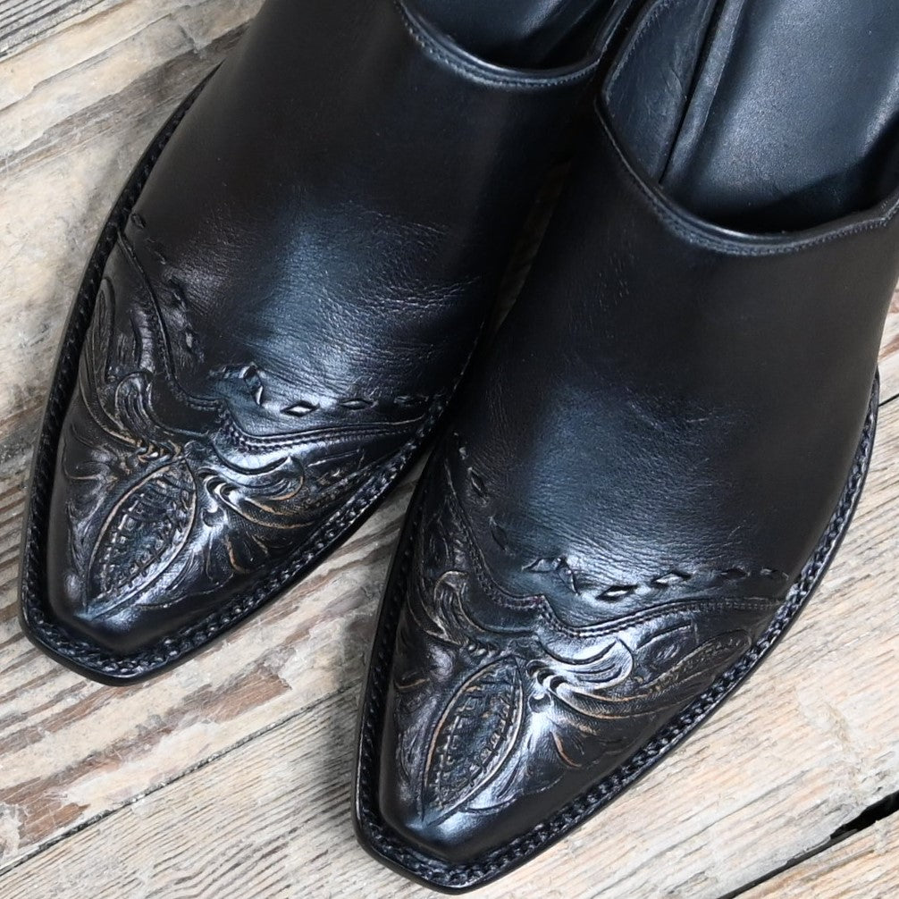 View of Stallion Ladies mule slider in antique tooled leather with 0.75 square toe and 2" fashion heel