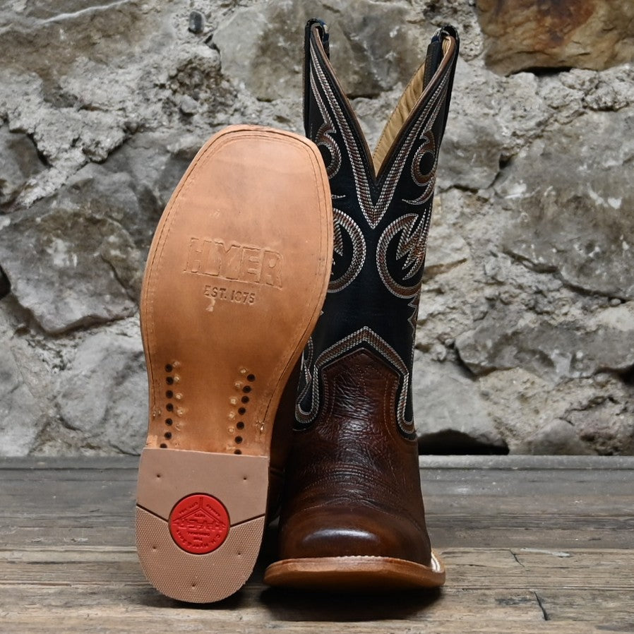 Hyer SAWYER 13-inch black vintage top boot with brown oiled shrunken shoulder vamp and square toe.