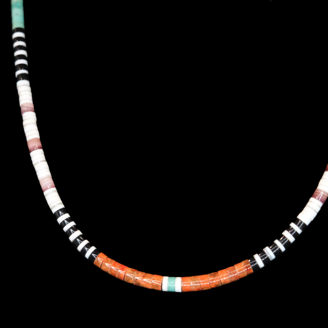 Peyote Bird Calabaza Salida mixed turquoise beaded necklace 20 inch displayed on black bust