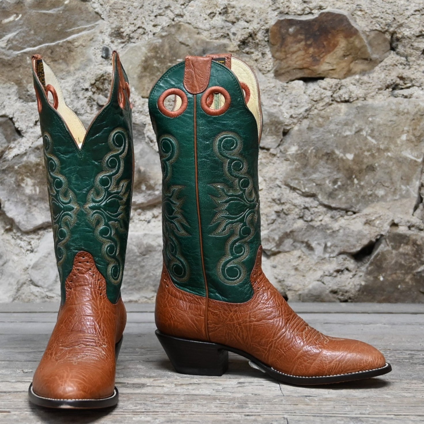 View of Hondo 14" cowboy boot with green volcano top, habana shoulder vamp, and tight round toe