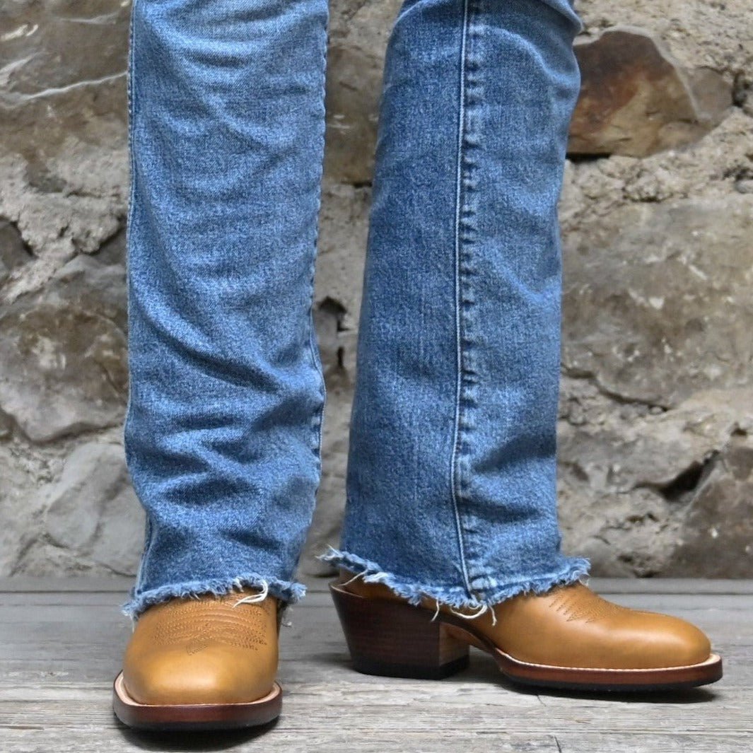 Nutted Calf Ladies 16" Buckaroo Boot with Brown Top and Honey Vamp view of front and side on model size 7.5