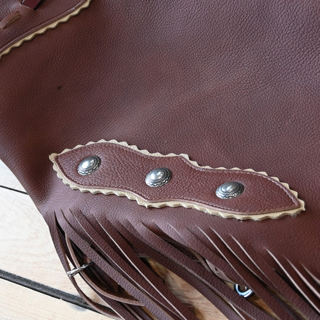 View of K Bar J Chinks with Buckles and Chap Leather Top in Size Large