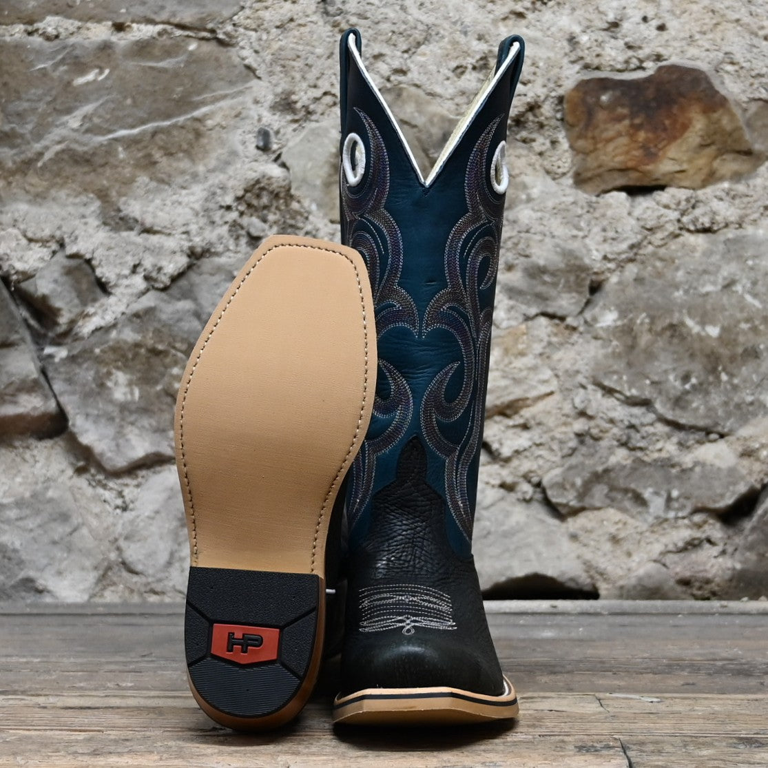 Horse Power 15″ Blue Texas boot with dark teal shaft and black rock leather vamp