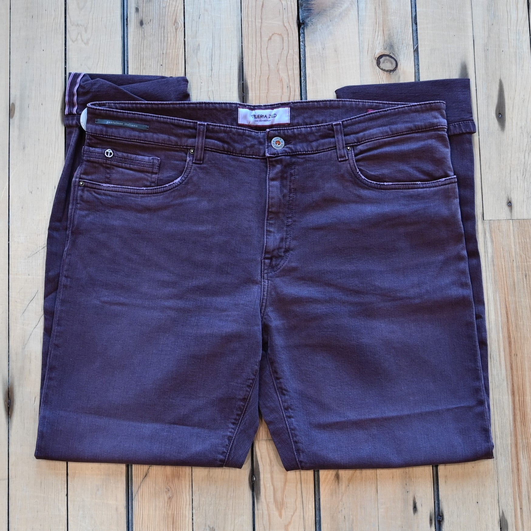 Teleria Zed 5 Pocket Jeans in Mosto soft Italian burgundy denim with modern five-pocket design