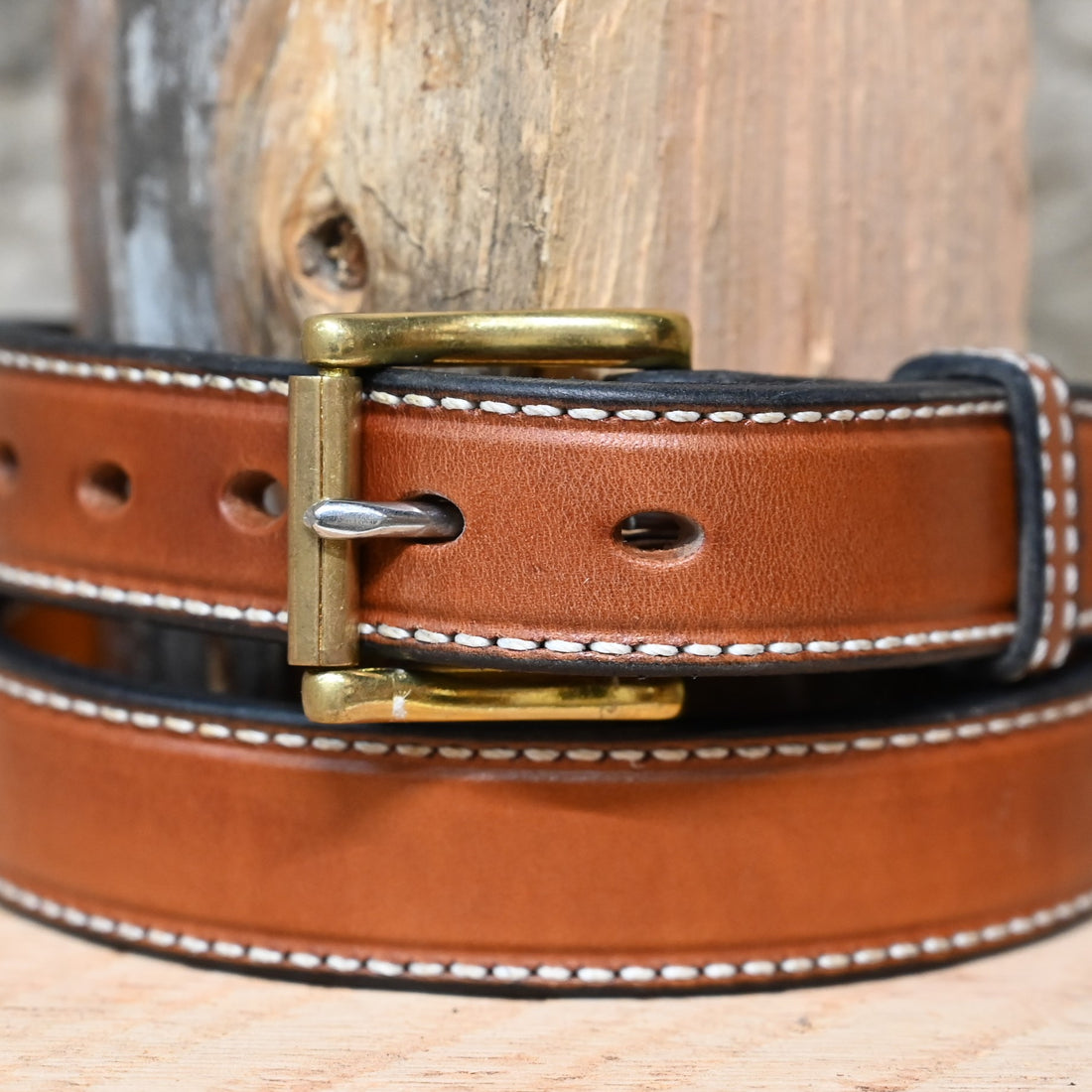1.25" Tan Double Stitched Belt view of close up