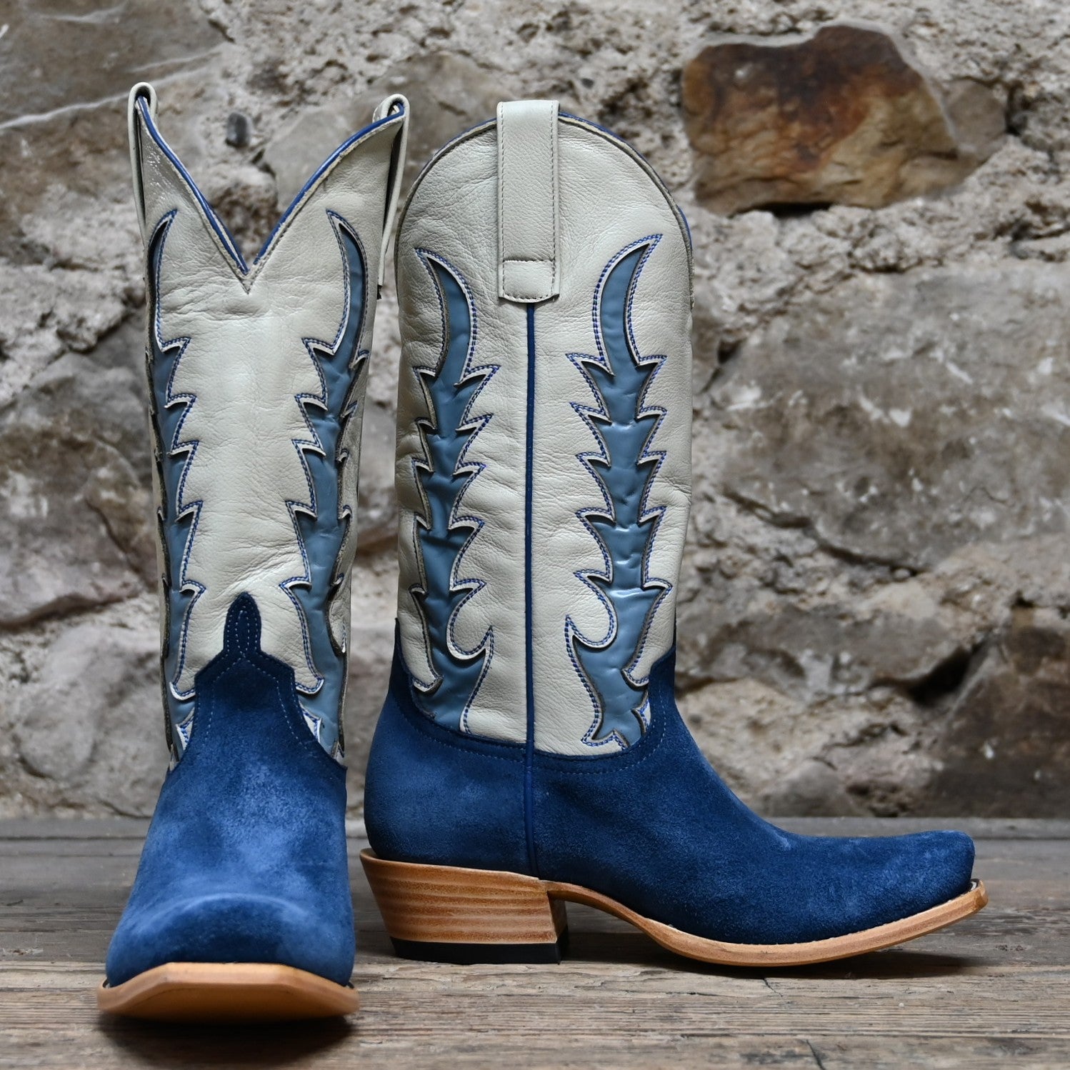 View of Macie Bean Top Hand 13″ boot with blue suede vamp and cream Mercedes-stitched top