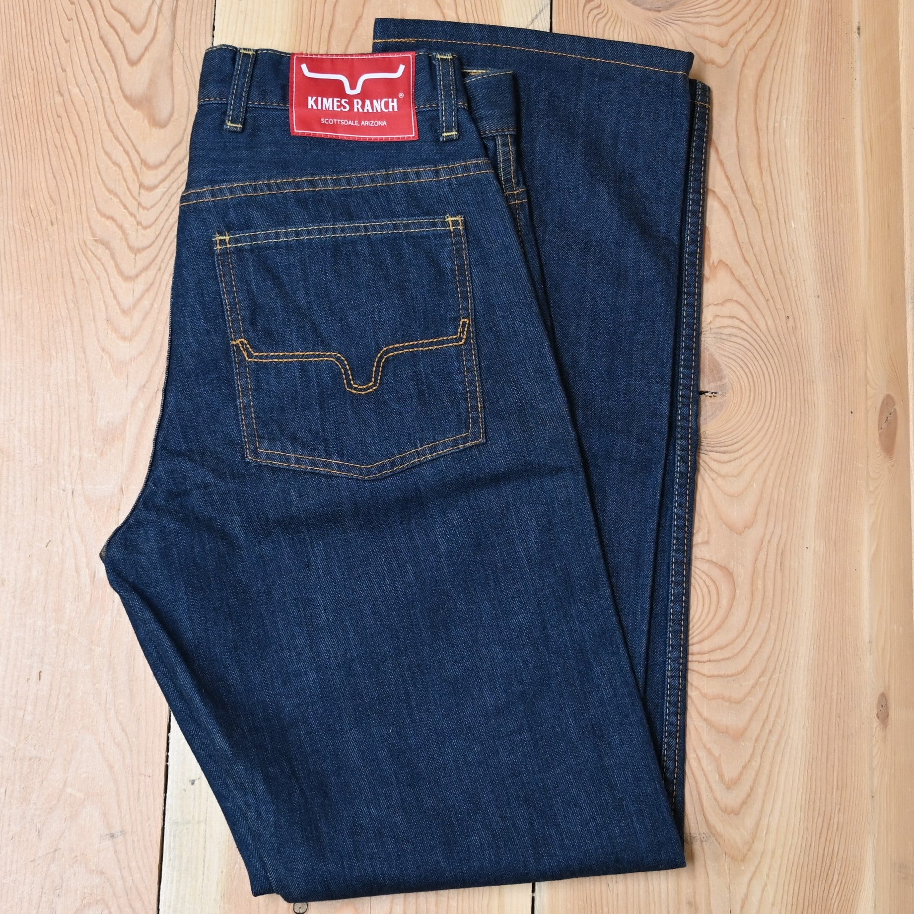 View of Kimes Ranch Cal Jeans in Blue, featuring a higher rise and straight boot leg