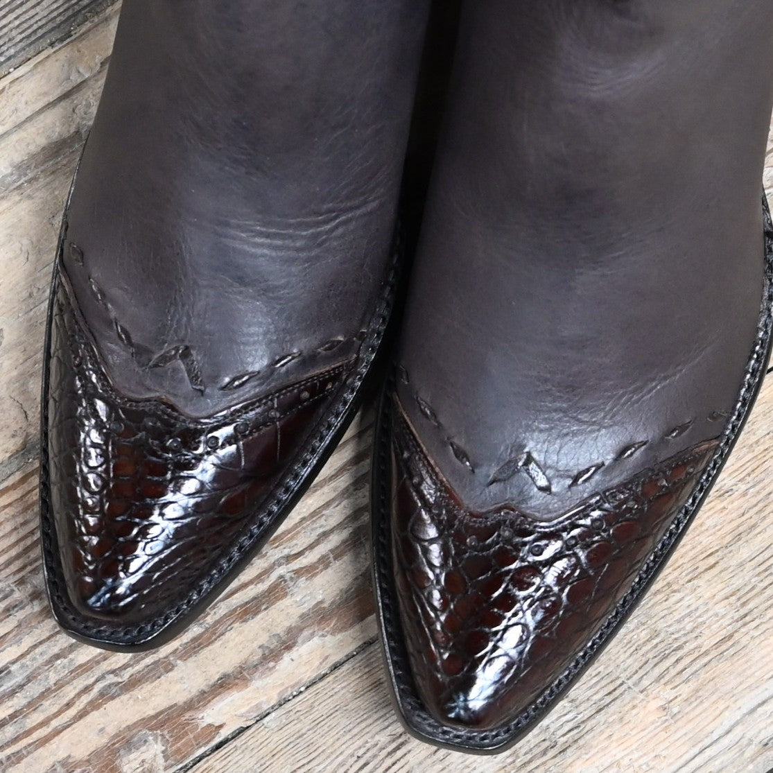 View of Stallion Ladies Zorro zip boot in chocolate horsehide with crocodile trim and B toe