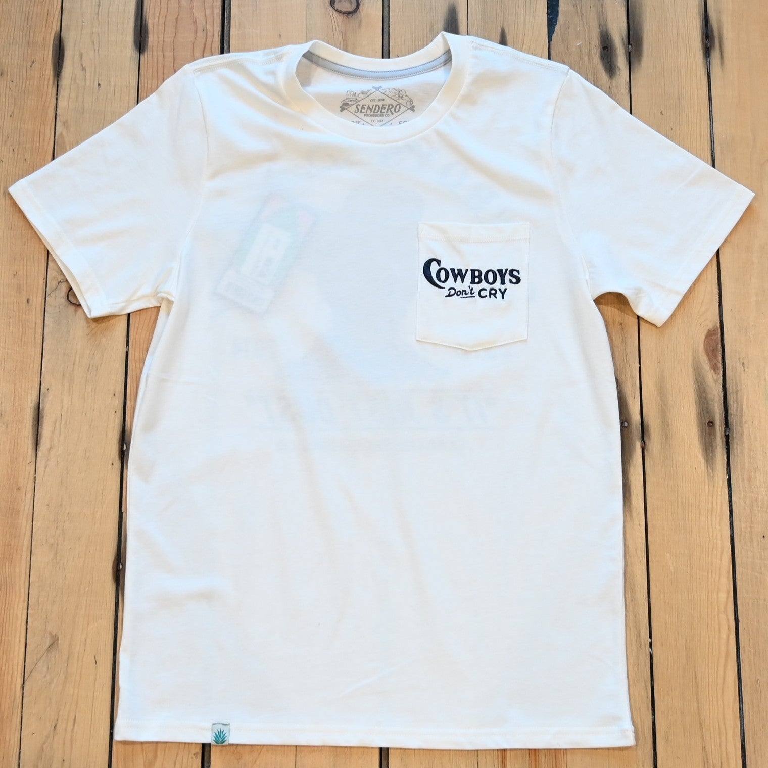 Vintage white Cowboys Don’t Cry T-Shirt by Sendero with humorous Western text referencing iconic cowboys
