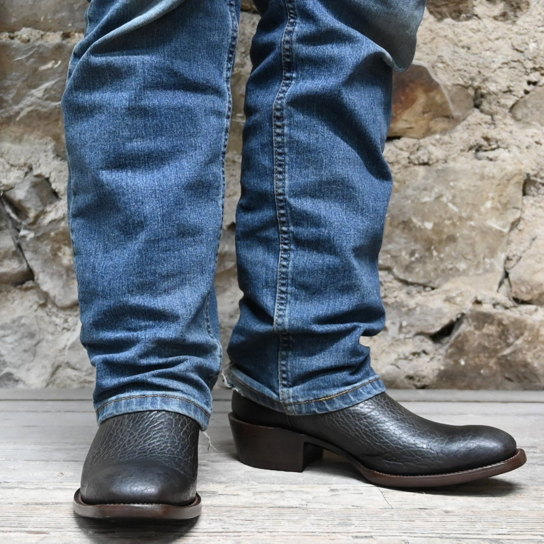 Nutted Calf Tobacco Bison Town Boot on Custom "Cowboy" Last view of front and side on model size 10.5