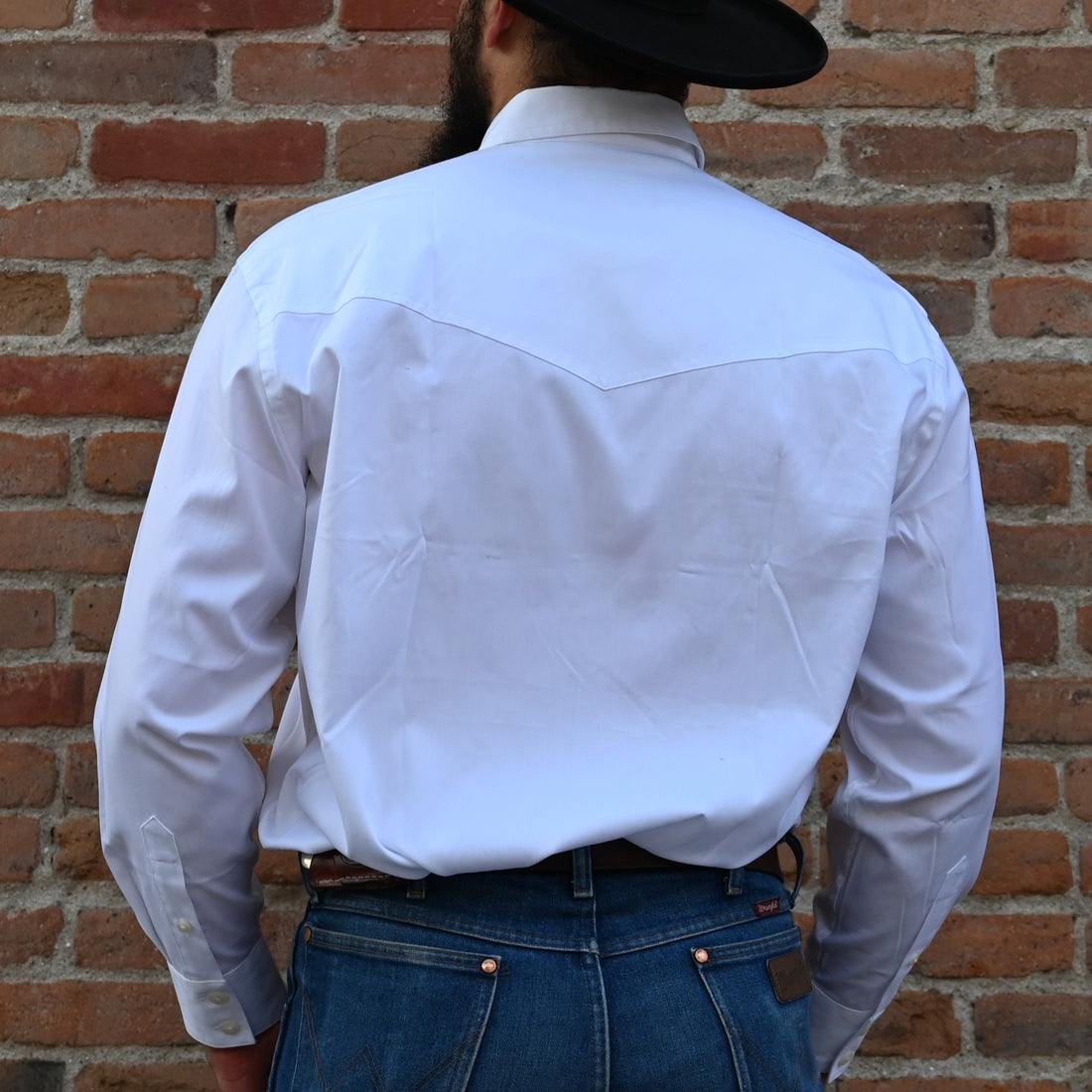 View of Schaefer Western pinpoint button-down shirt in blue, white, or charcoal with yokes