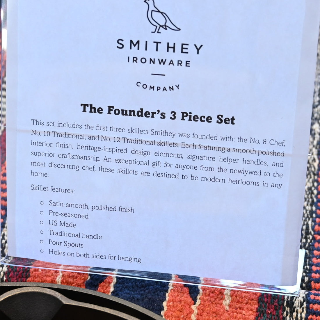 View of Smithey Ironware Founders Set: No. 8 Chef, No. 10 Traditional, and No. 12 Traditional skillets with polished interiors and signature handles