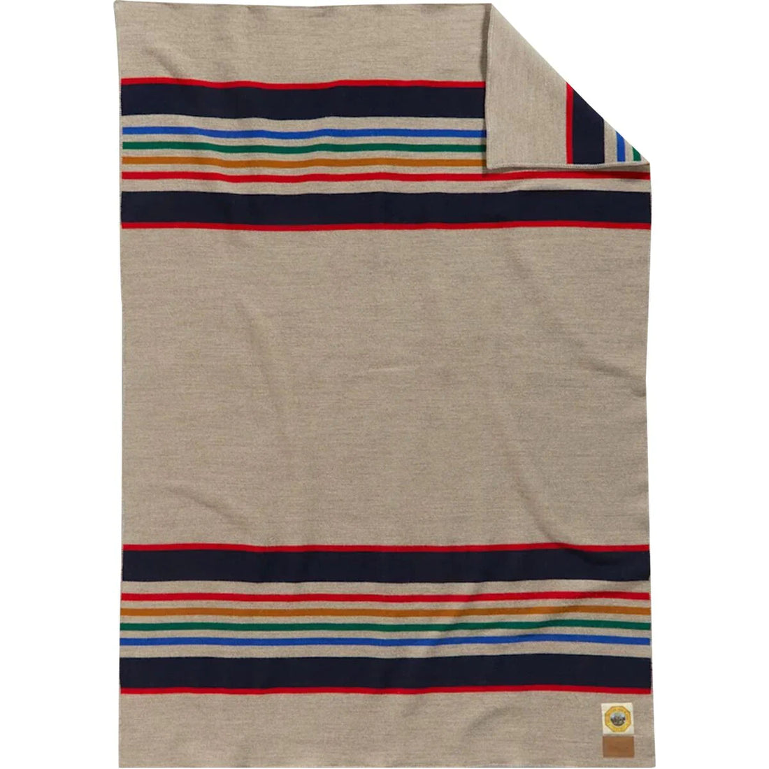 View of Pendleton Yellowstone National Park full-size wool blanket in taupe with signature stripes