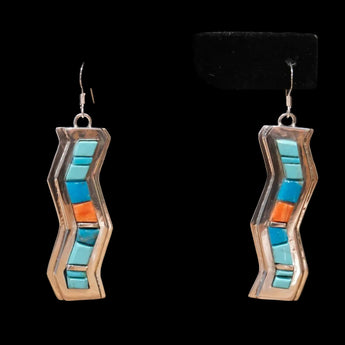 Sunwest Silver Kingman Turquoise with Coral Zig Zag Earrings