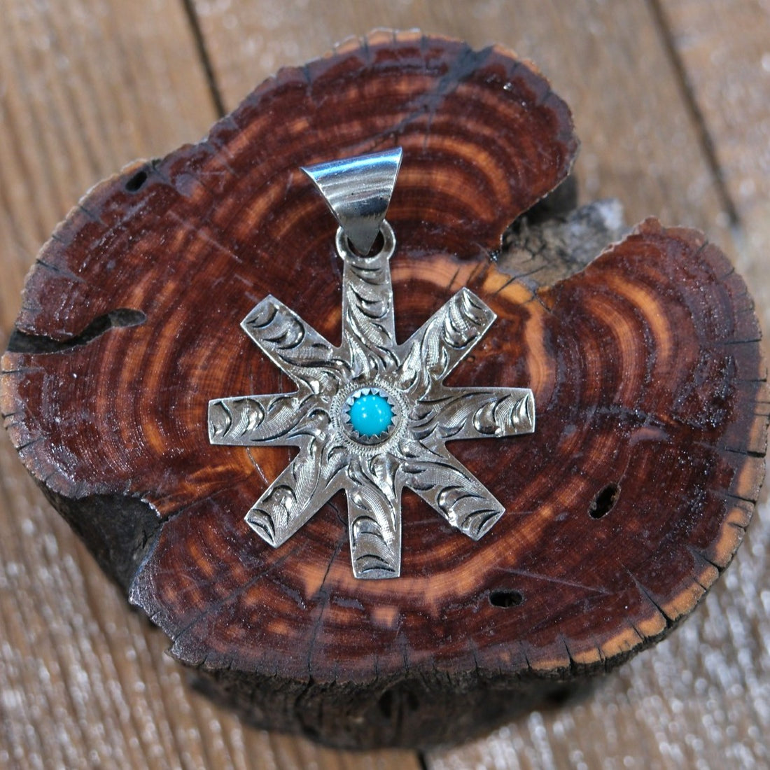 P Diamond Designs Engraved Spur Rowel Pendant - Turquoise