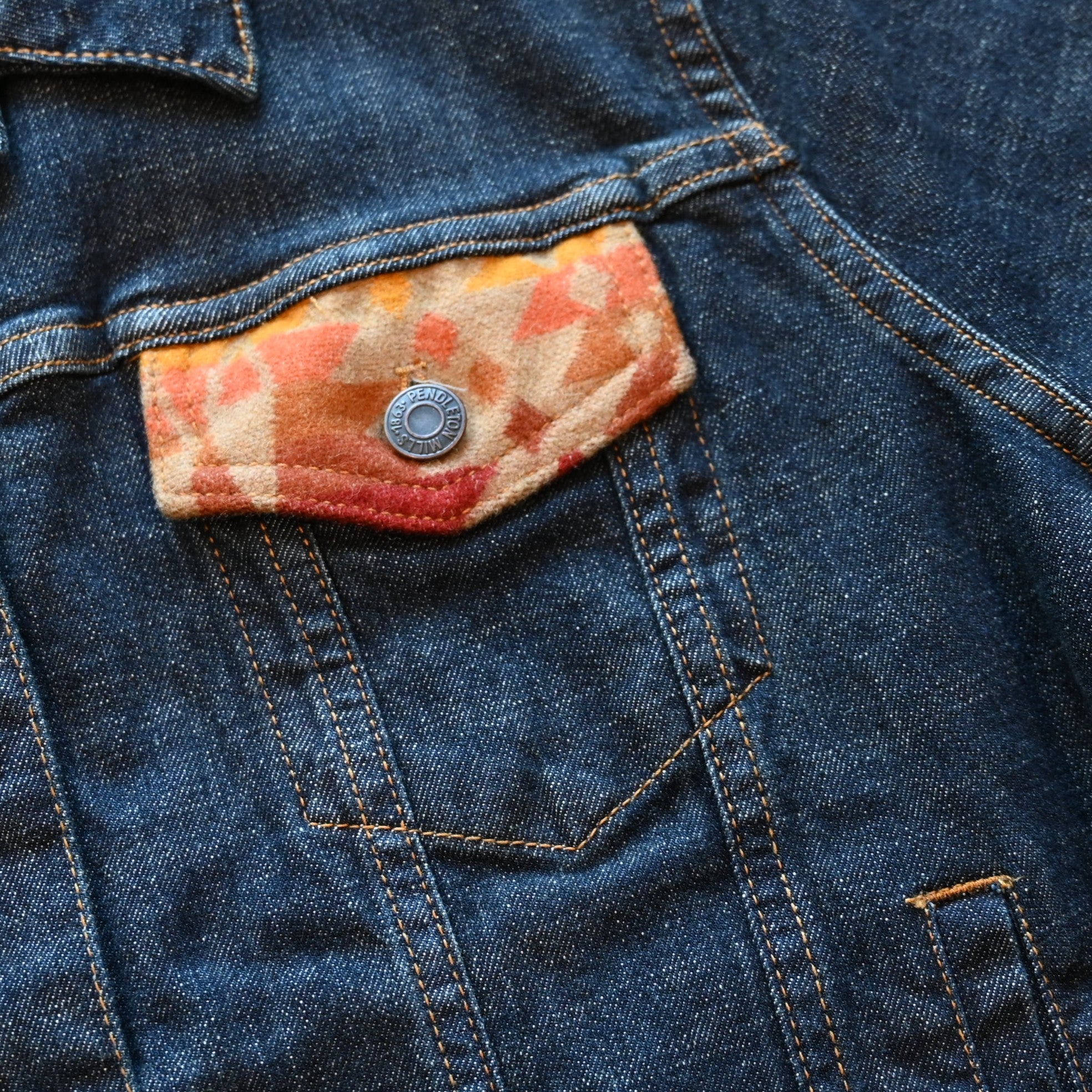 View of Pendleton denim jacket with Pinto Mountains wool trim on yoke and cuffs