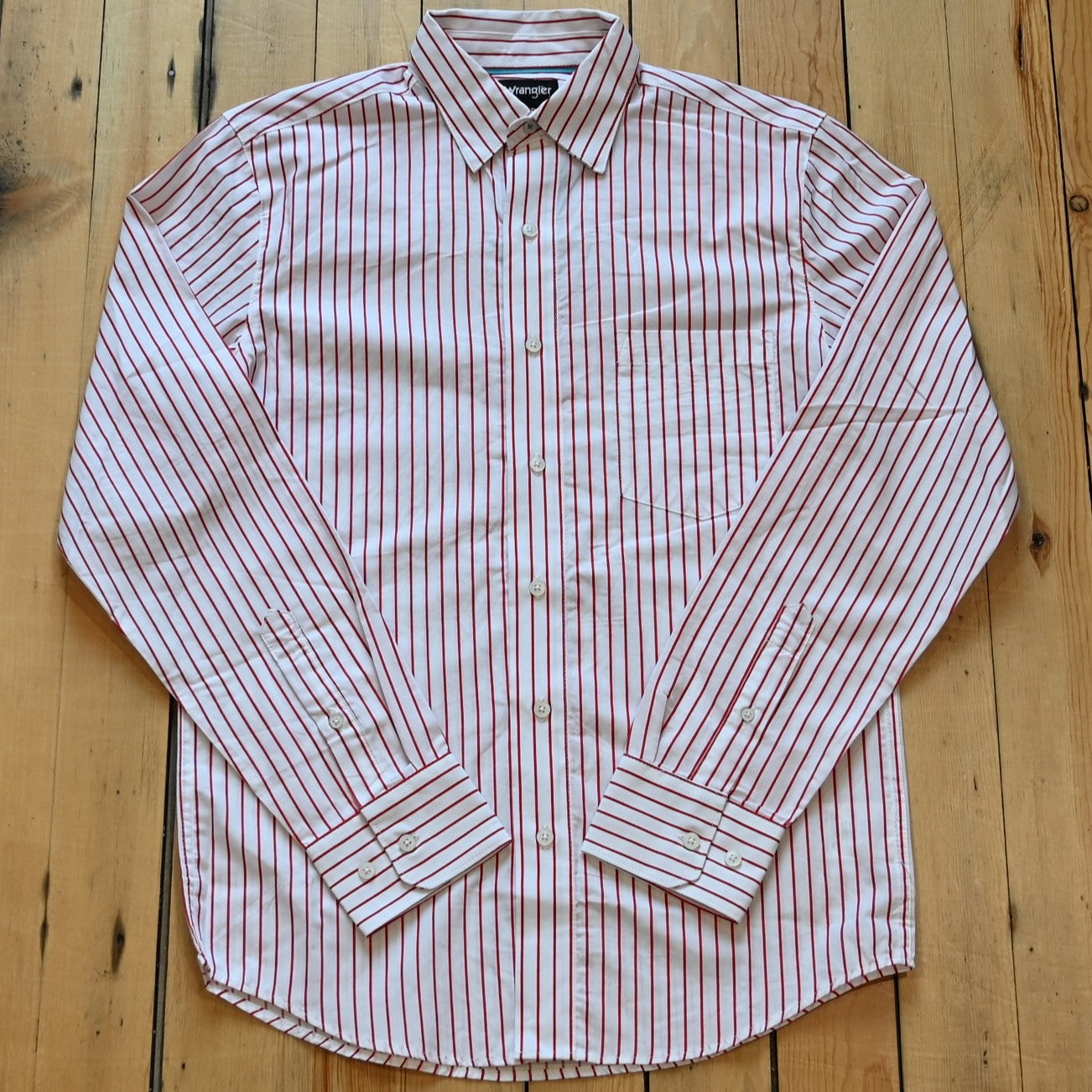 Wrangler Cody Johnson long sleeve white button down shirt with ruby stripes and one chest pocket