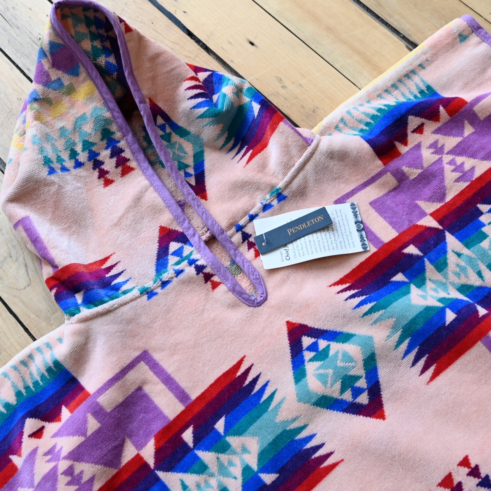 View of Pendleton Chief Joseph Pink tween hooded towel with terry lining and hood