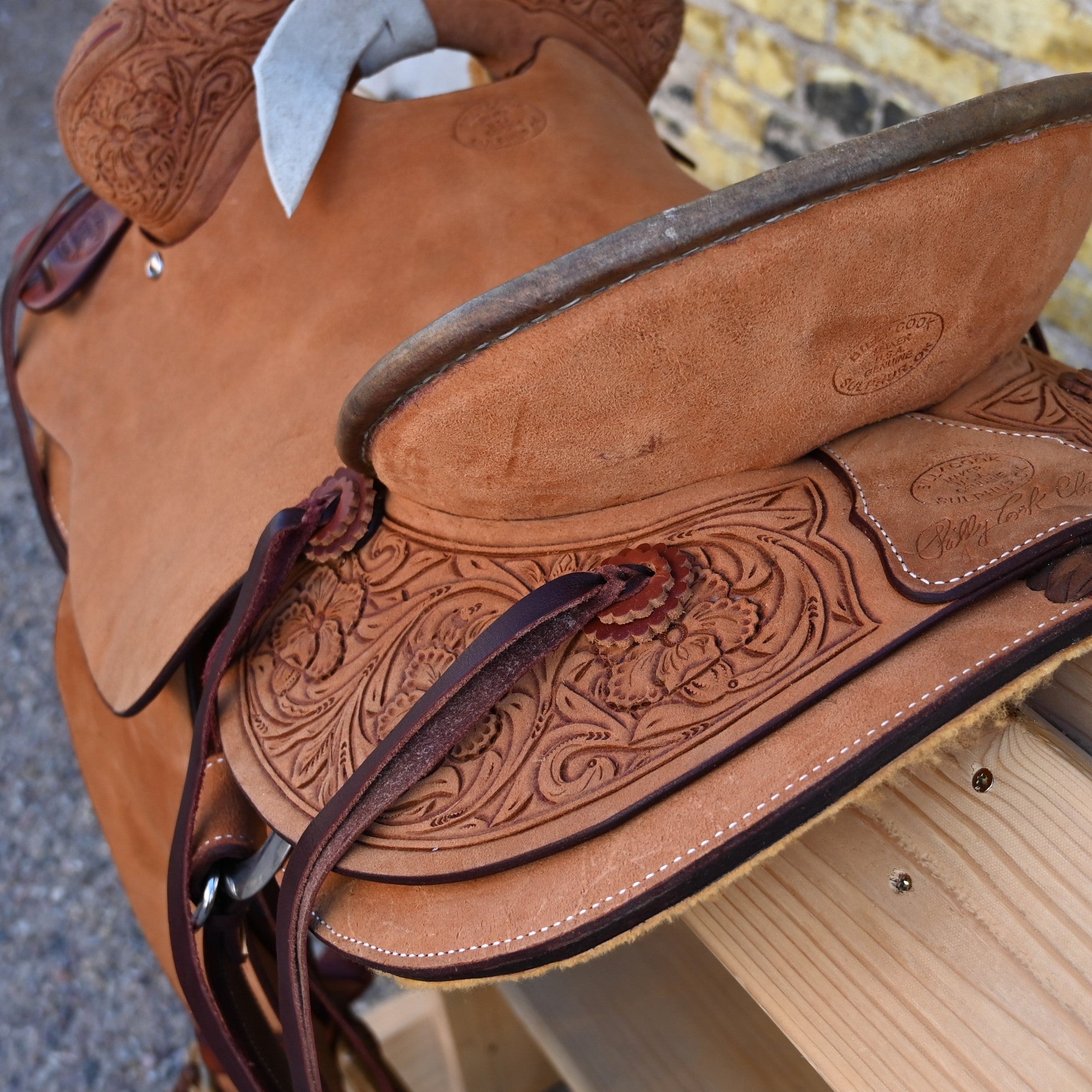 View of Billy Cook 15" Arbuckle Rancher Saddle with WSO and inverted floral tooling