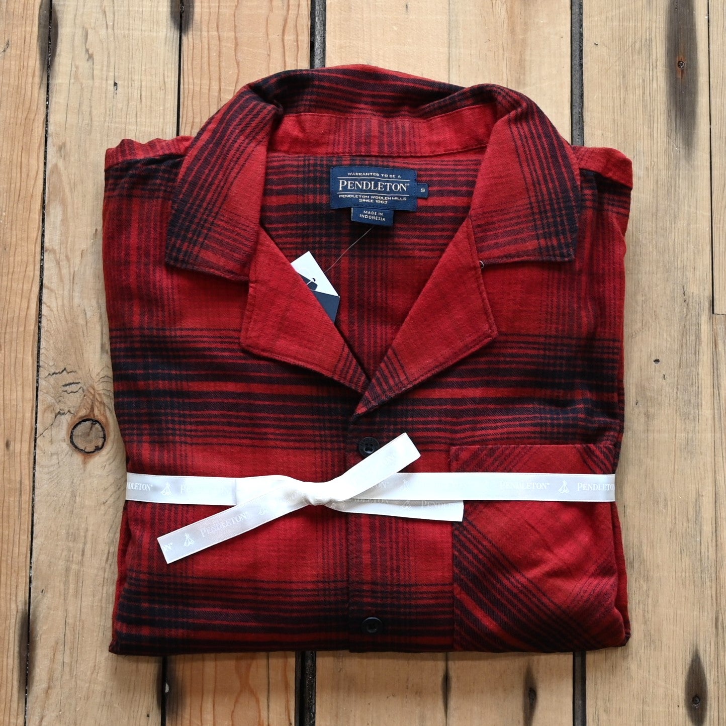 View of Pendleton men’s red and black plaid flannel pajama set with shirt and pants